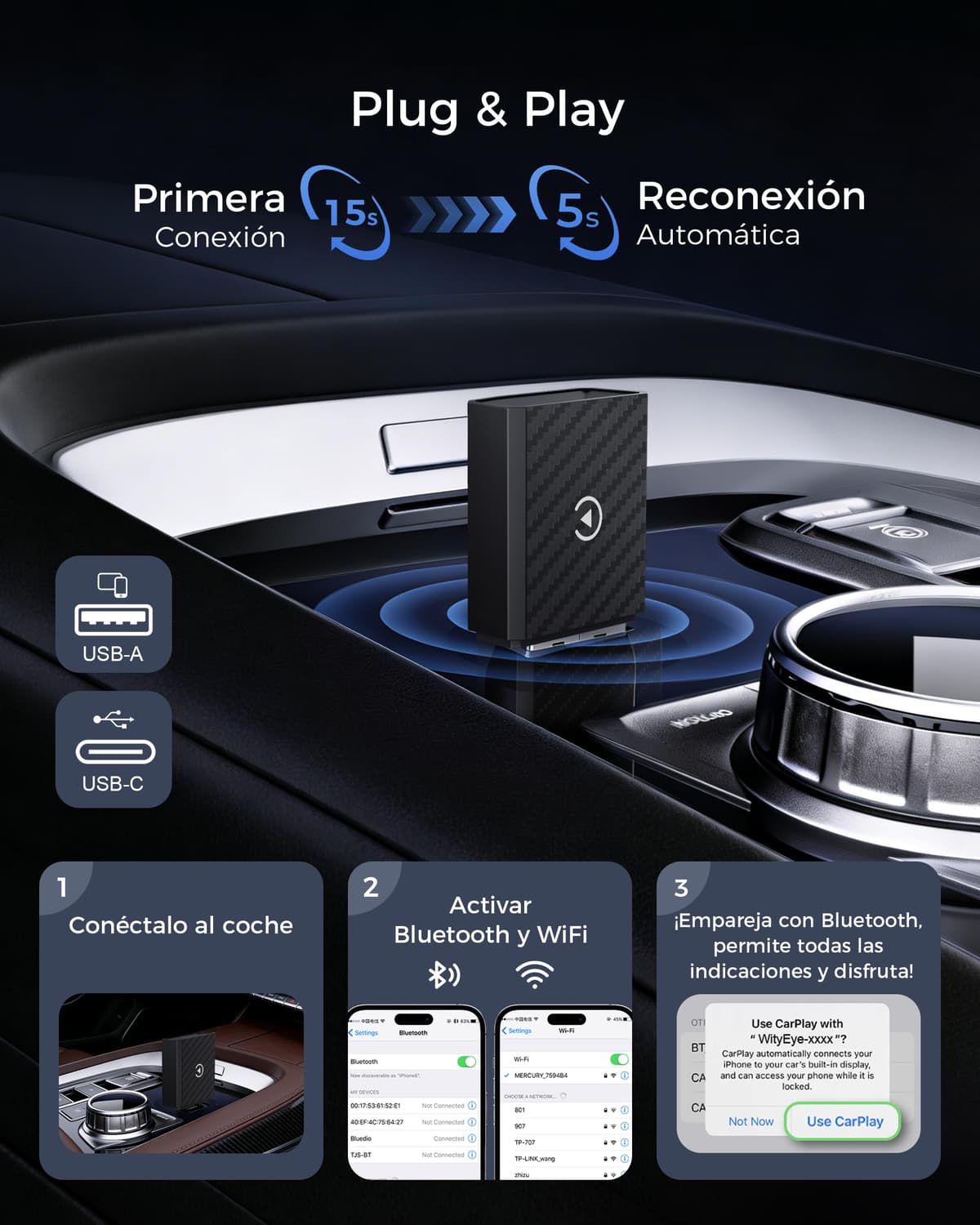 【2026 Mejorada】 Adaptador CarPlay Inalámbrico, Bluetooth V5.4 Conexión Estable, WiFi 6 de Doble Banda de Alta Velocidad, USB A/C, para Apple iPhone iOS 10+ — view 5