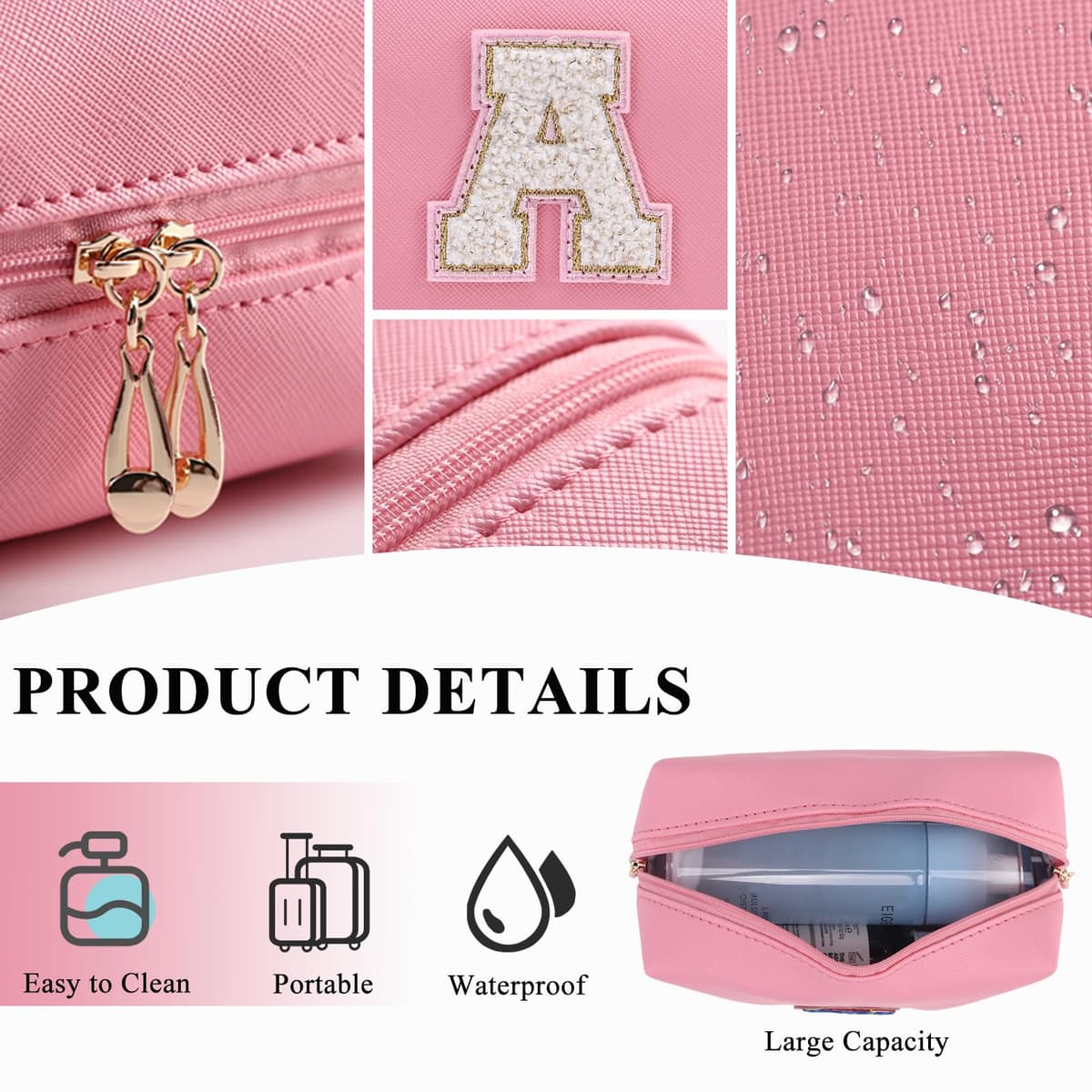 Personalized Makeup Bag,Waterproof Travel Makeup Pouch Cosmetic Bag Birthday Gift for Women Mom，Bride Bridesmaid Cosmetic Bag A-Z — view 3