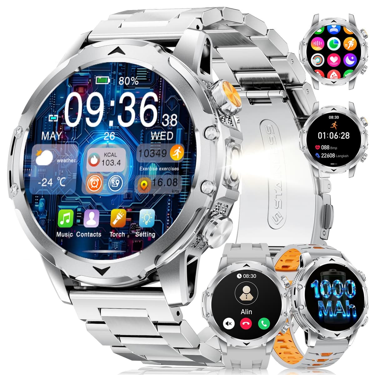 FitVigor Military Smart Watch for Men, 1.53" Fitness Tracker with 1000 mAh Ultra-Long Battery/Flashlight/Bluetooth Calling/Health Monitor / 120+ Sports Modes / IP68 Waterproof for iOS Android, Black — view 11