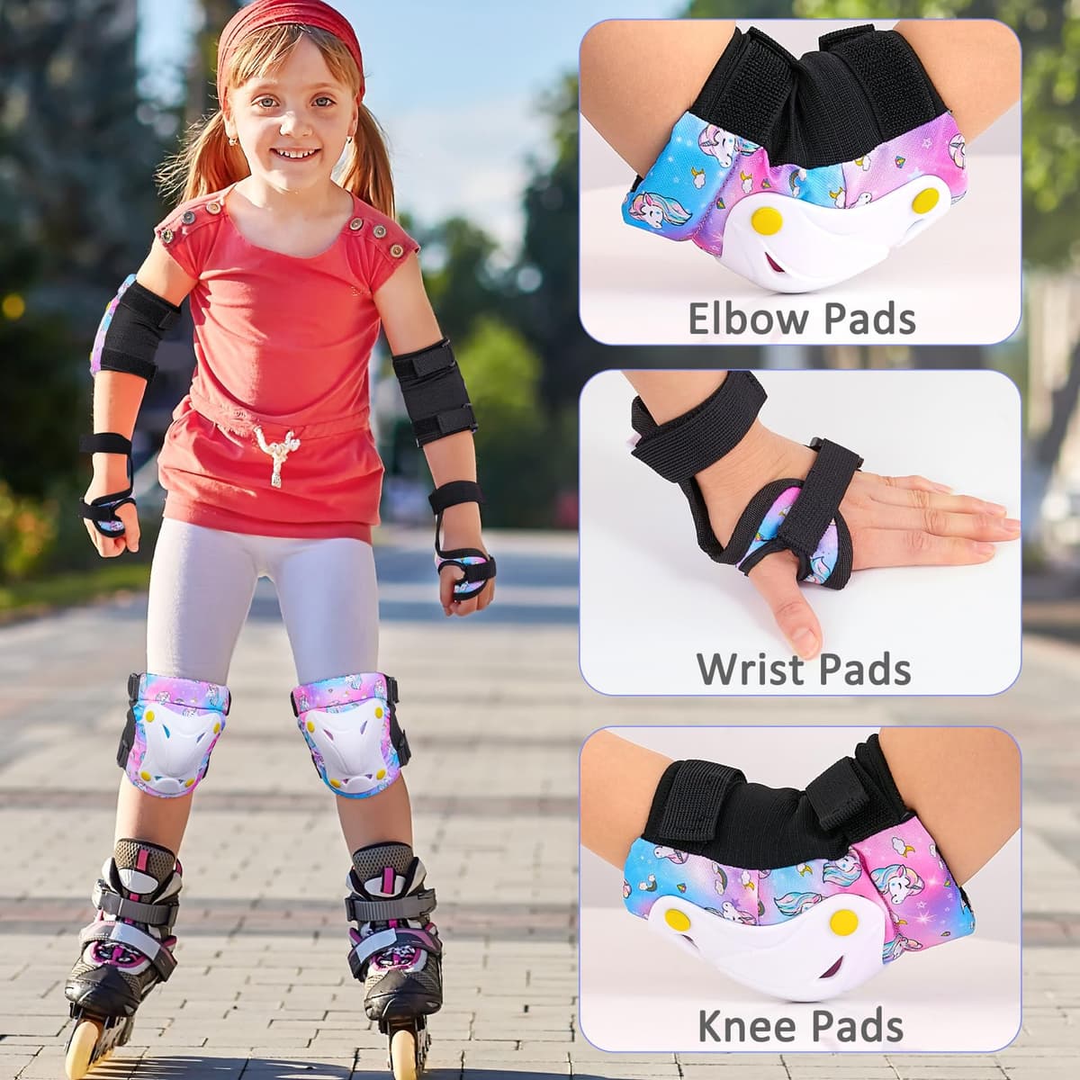 Unicorn Castle Rodilleras y Coderas de Unicornio para niños y niñas,Juego de Equipo de protección Ajustable 6 en 1 con Bolsa de cordón,3-8 años — view 4