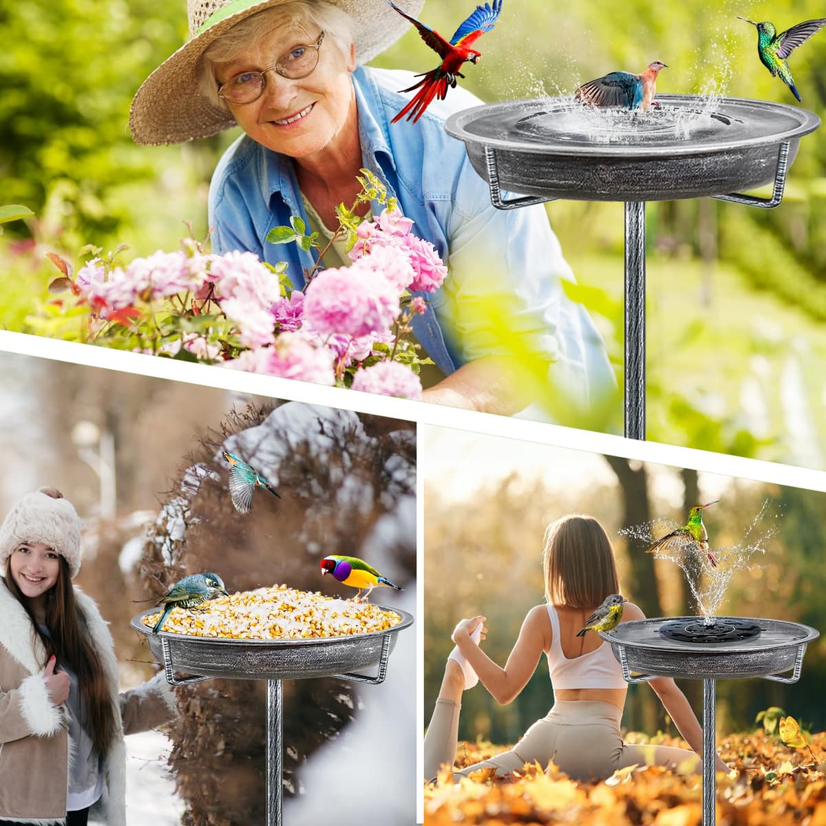 Bird Bath for Outdoors, Metal Garden Birdbath Bowl for Outside with 4 Prongs Base Stake, Bird Feeder for Garden Yard Lawn Deco (Retro Silver) — view 5