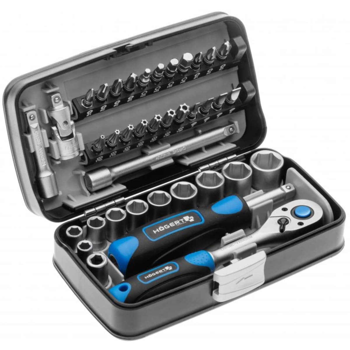 Högert Technik - Pequeño Juego de Herramientas, Caja de Herramientas, Maletin Herramientas, Juego de Llaves de Vaso y Equipamiento 1/4, Mecanismo de Trinquete con 72 Dientes - HT1R462, 38 Piezas 38 teilig