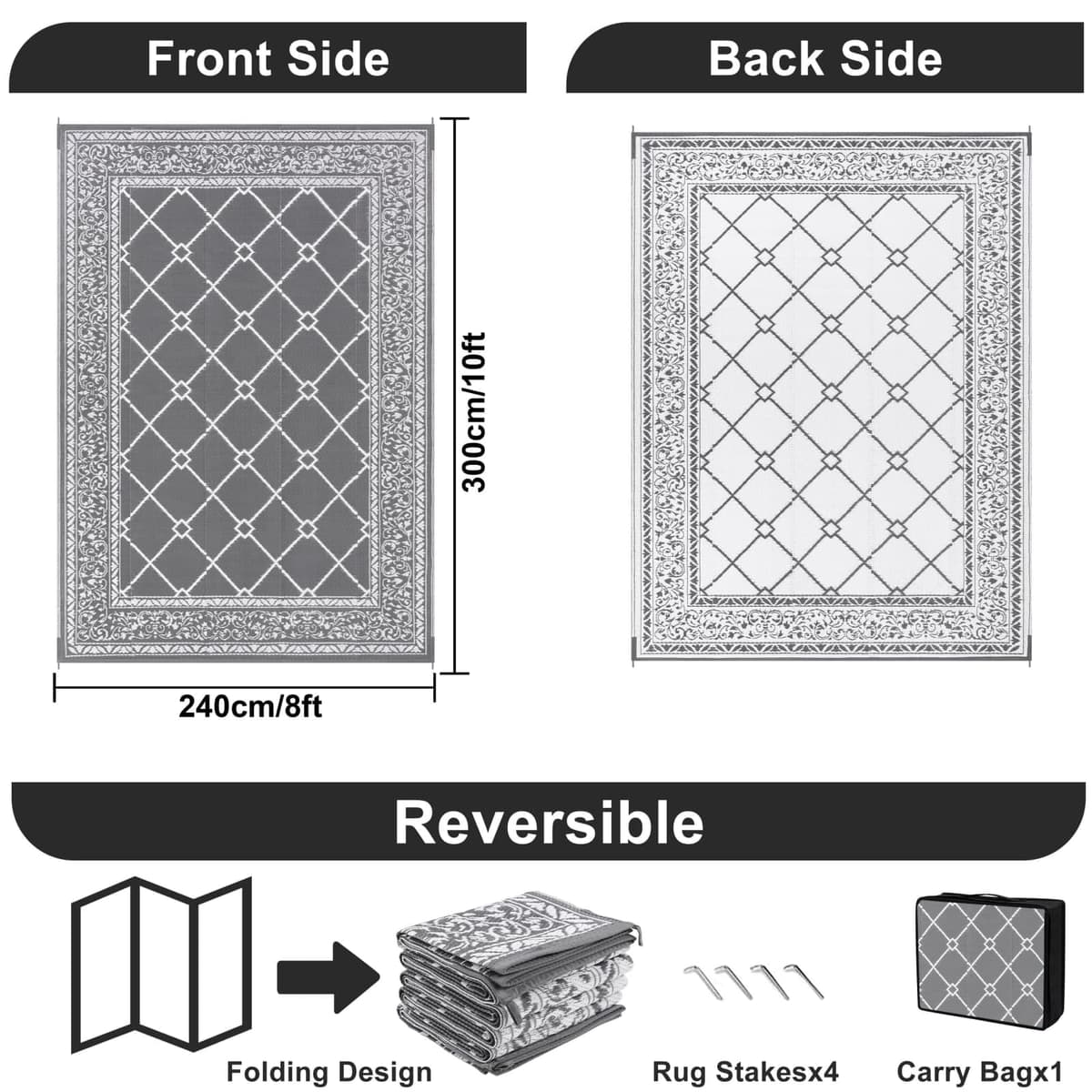 SHACOS Outdoor Rug for Patios Waterproof 240x300 cm Reversible Garden Rug Patio Rugs UV Resistant Foldable Outdoor Carpet Mat Plastic Straw Rugs for Balcony Decking Camping Beach, Grey — view 2