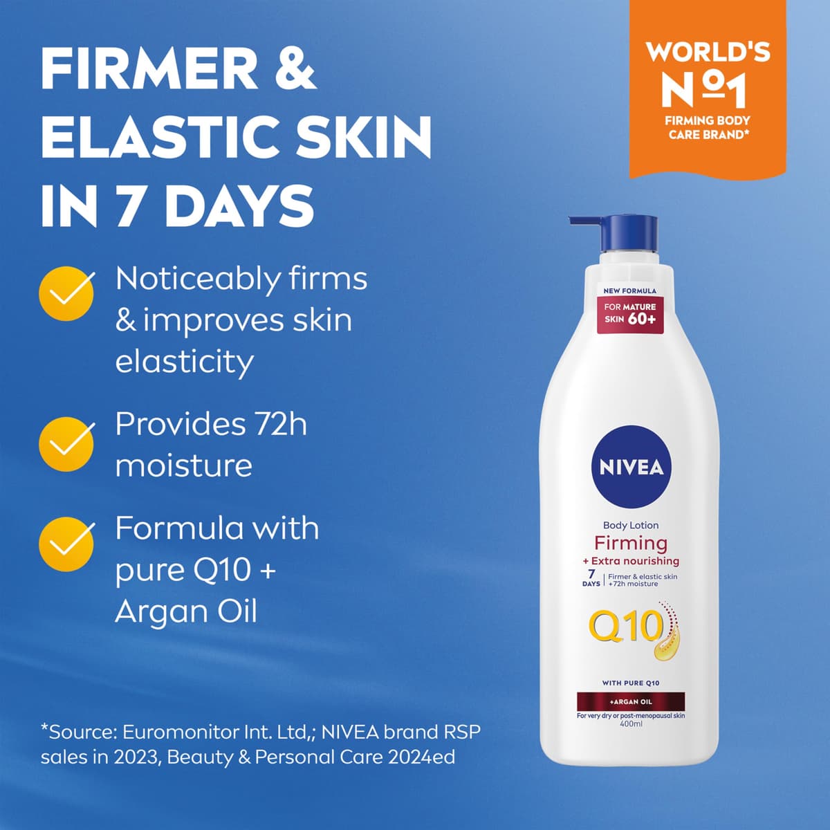 NIVEA Q10 60+ Mature Skin Body Lotion (400ml), Nourishing Firming Cream with Q10 and Argan Oil, NIVEA 72H Moisturising Cream for Ageing and Mature Skin — view 2
