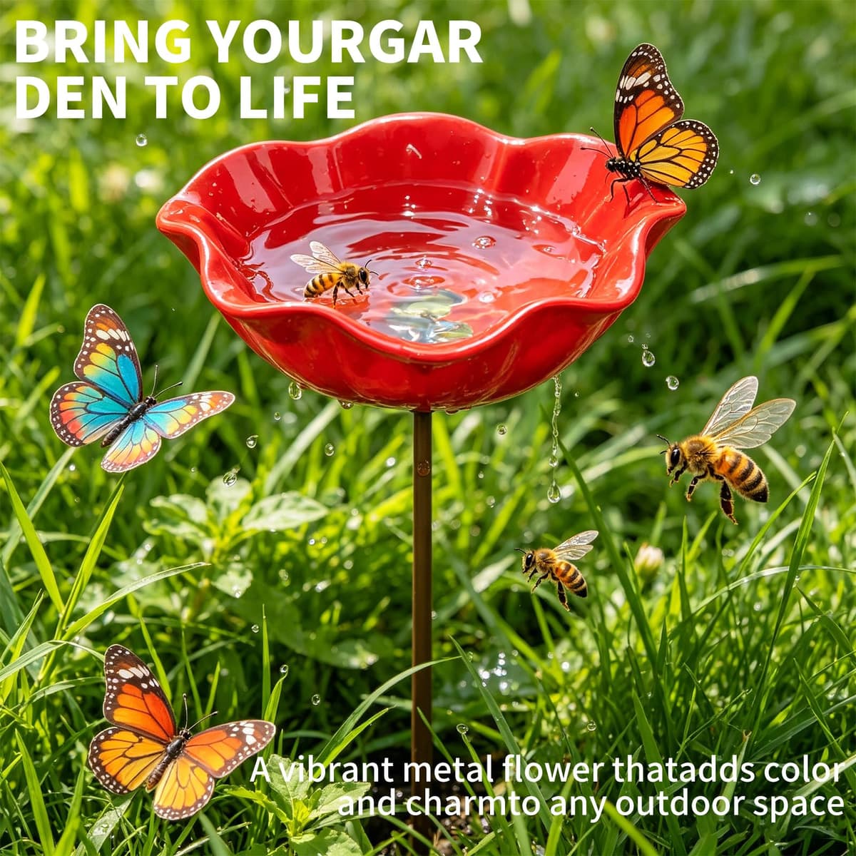 Handmade Metal Flower Garden Stake, Flower-Shaped Bee Watering Station for Garden, Dual-Function Metal Flowers Bird Bath & Pollinator Water Station, for Yard Lawn Patio Landscape Decor (Red,3PCS) — view 2