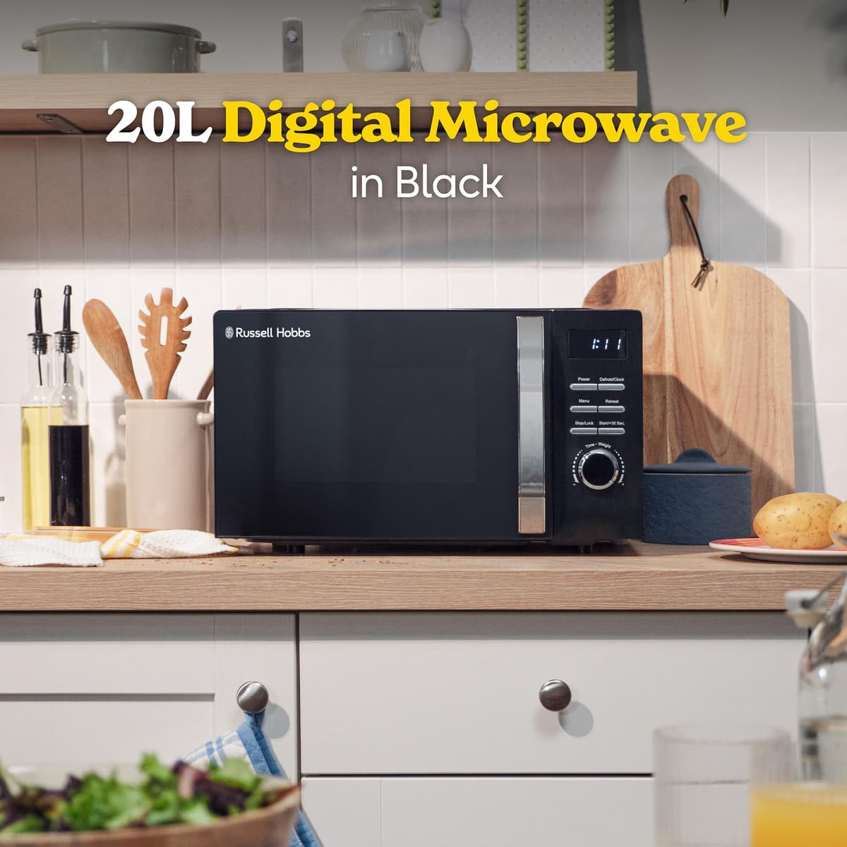 Russell Hobbs Digital Microwave 20L 800W in Black with 5 Power Levels, Pull Handle Door & Button Control, Clock & Timer, Automatic Defrost, Easy Clean, 8 Auto Cook Menus RHMD818B — view 4