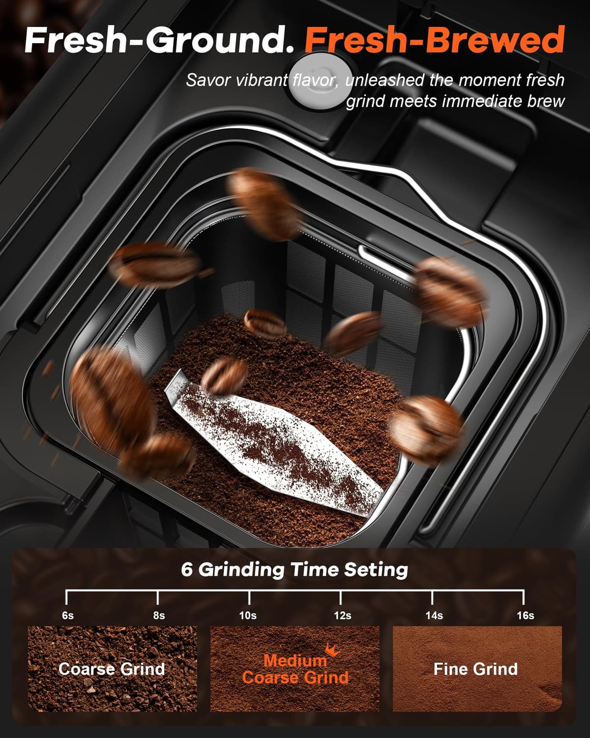 Horavie Single Serve Coffee Maker with Built-in Grinder, Fast Brew 6-16oz Single Cup for Whole Beans, Grounds, K Pod, Grind and Brew Coffee Maker with 47oz Water Tank, Descaling Alert, Black — view 4