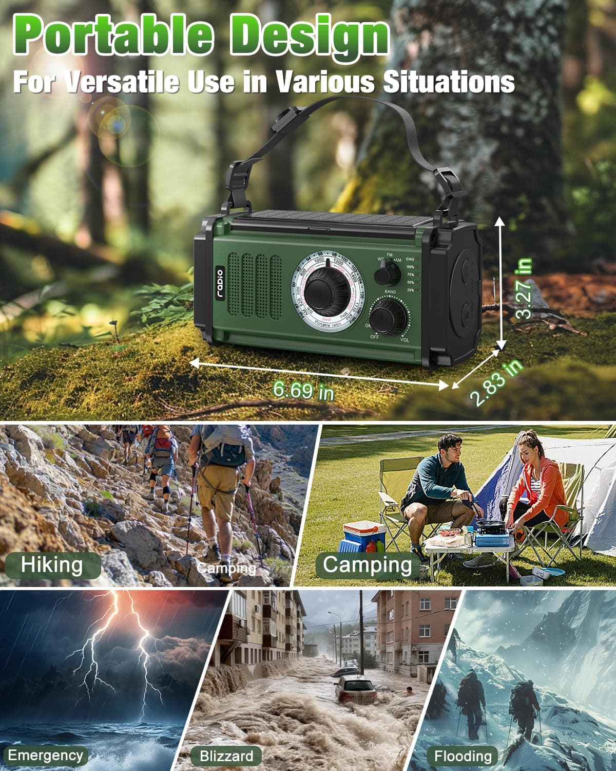 10000mAh/37000mWh Wind Up Solar Radio, AM/FM Hand Crank Emergency Weather Radio, 4 Charging Methods, Polymer Battery, Flashlight & Reading Lamp, SOS Alarm, Phone Charger for Emergency, Green — view 7