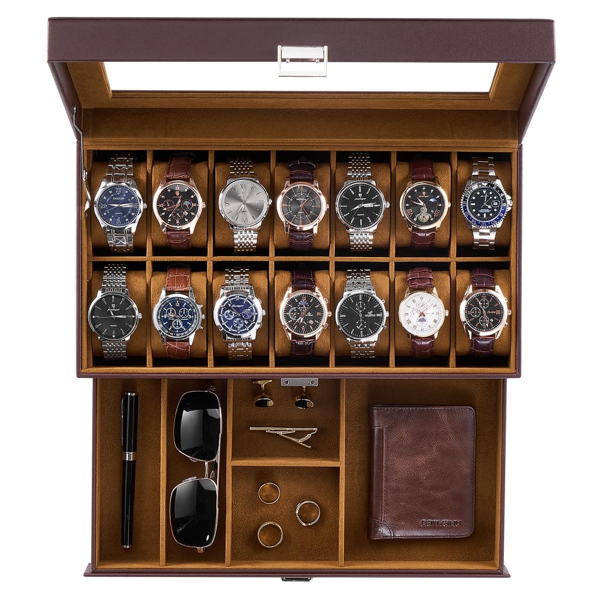 ProCase Caja de Relojes de 6 Ranuras con Cajón, Funda Organizadora de Reloj de 2 capas con Tapa de Cristal, Estuche de Almacenamiento para Hombres y Mujeres -Negro — view 27