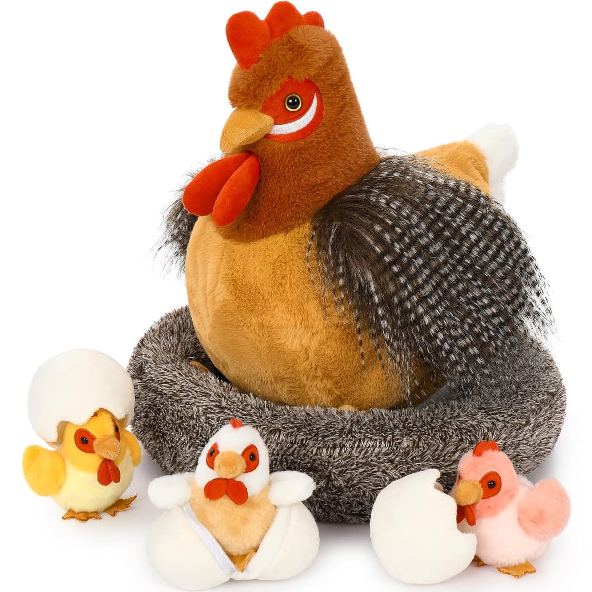 MorisMos Chicken Teddy with Baby Chicks inside, Easter Egg Laying Hen Stuffed Animal Plush Toys, Cuddly Chicken Plush Present for Kids Girls Christmas Birthday Easter Party Supplies.