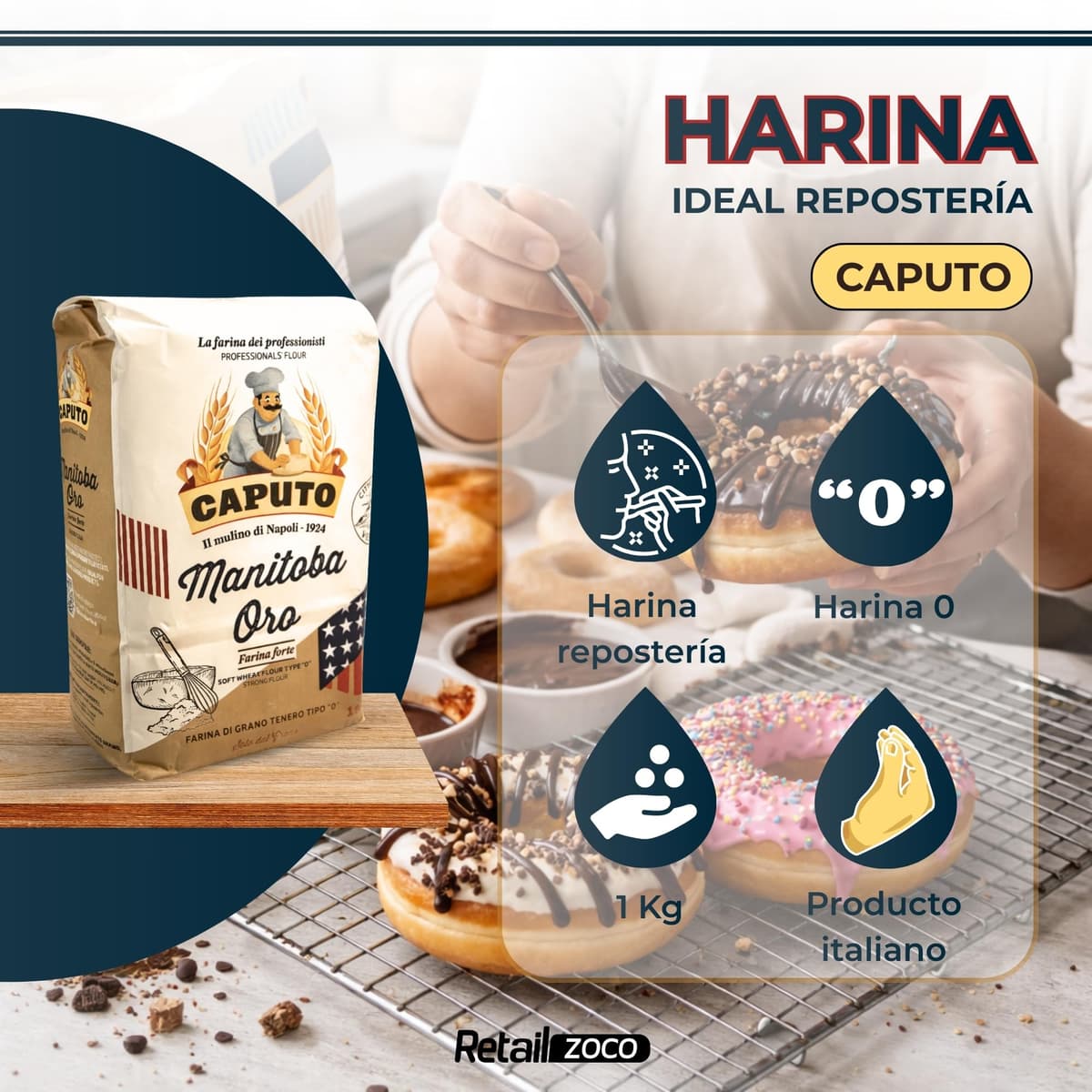 Harina Caputo Manitoba Oro, Origen Italiana, elástica de alto valor proteico, ideal para repostería y productos fermentados, Tipo Harina 0, Contiene 1 unidad de 1 Kg — view 3