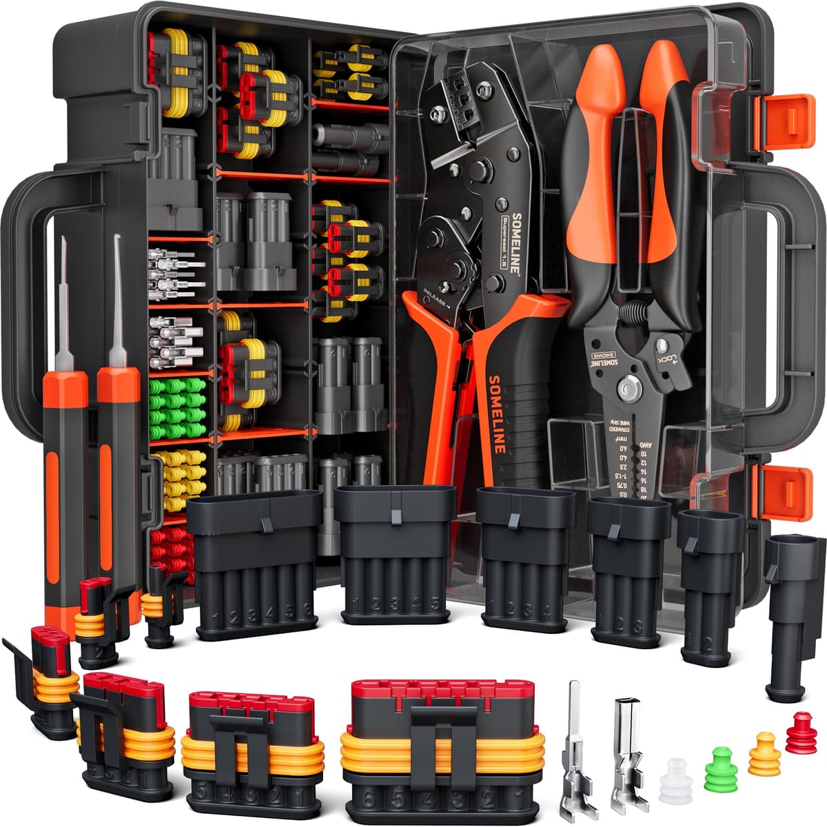 SOMELINE Waterproof Automotive Electrical Connector Crimping Tool Kit, 1/2/3/4/5/6 Pin Wire Connectors, with 0.34–2.5mm² Ratchet Crimping Pliers & Terminal Removal Tool – for Car, Motorcycle, Marine