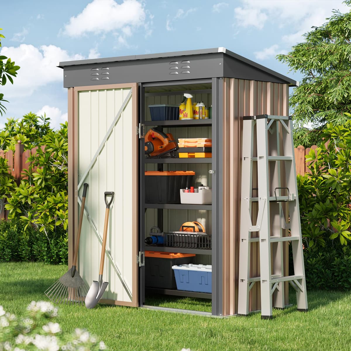 Bealife Cobertizo de jardín para Almacenamiento de Herramientas 180 x 162 x 95 cm, Caseta de Jardín, Cobertizo Exterior, Cobertizo de Almacenamiento Exterior, Cobertizo para Patio, césped (Marrón) — view 4