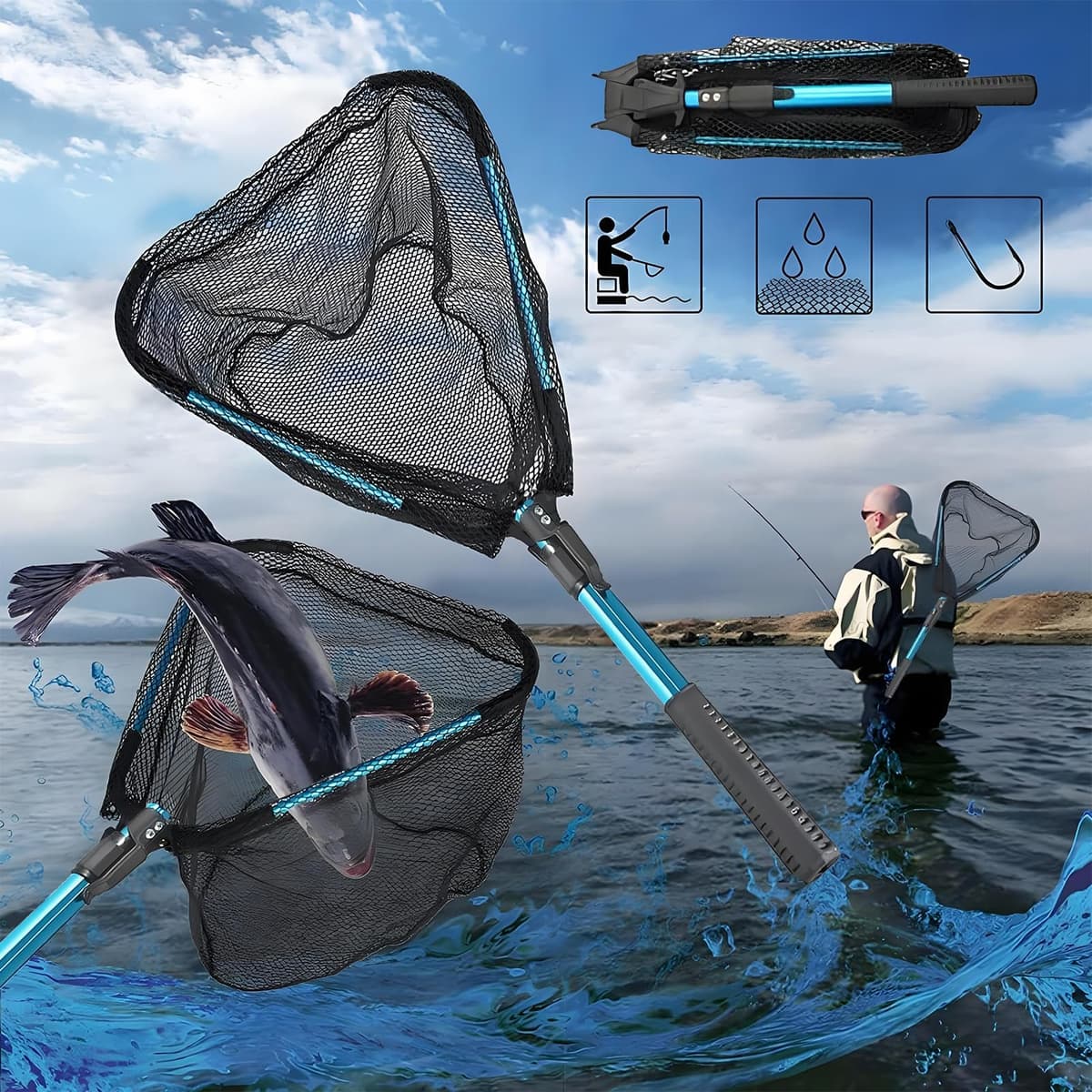 Jiavlyx Red de Pesca Plegable, 90cm Red de Pesca Telescópica, para estanques, Arroyos, Lagos y Desde embarcación — view 5