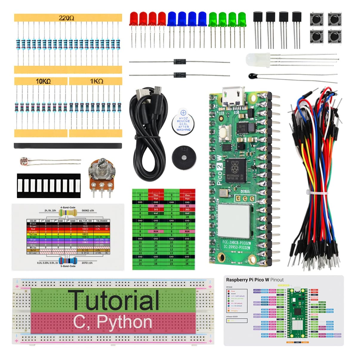 Freenove Basic Starter Kit for Raspberry Pi Pico 2 W (Included), Dual Arm Cortex-M33 and Dual Hazard3 RISC-V Microcontroller, 386-Page Detailed Tutorial, 142 Items, 55 Projects, Python C Code