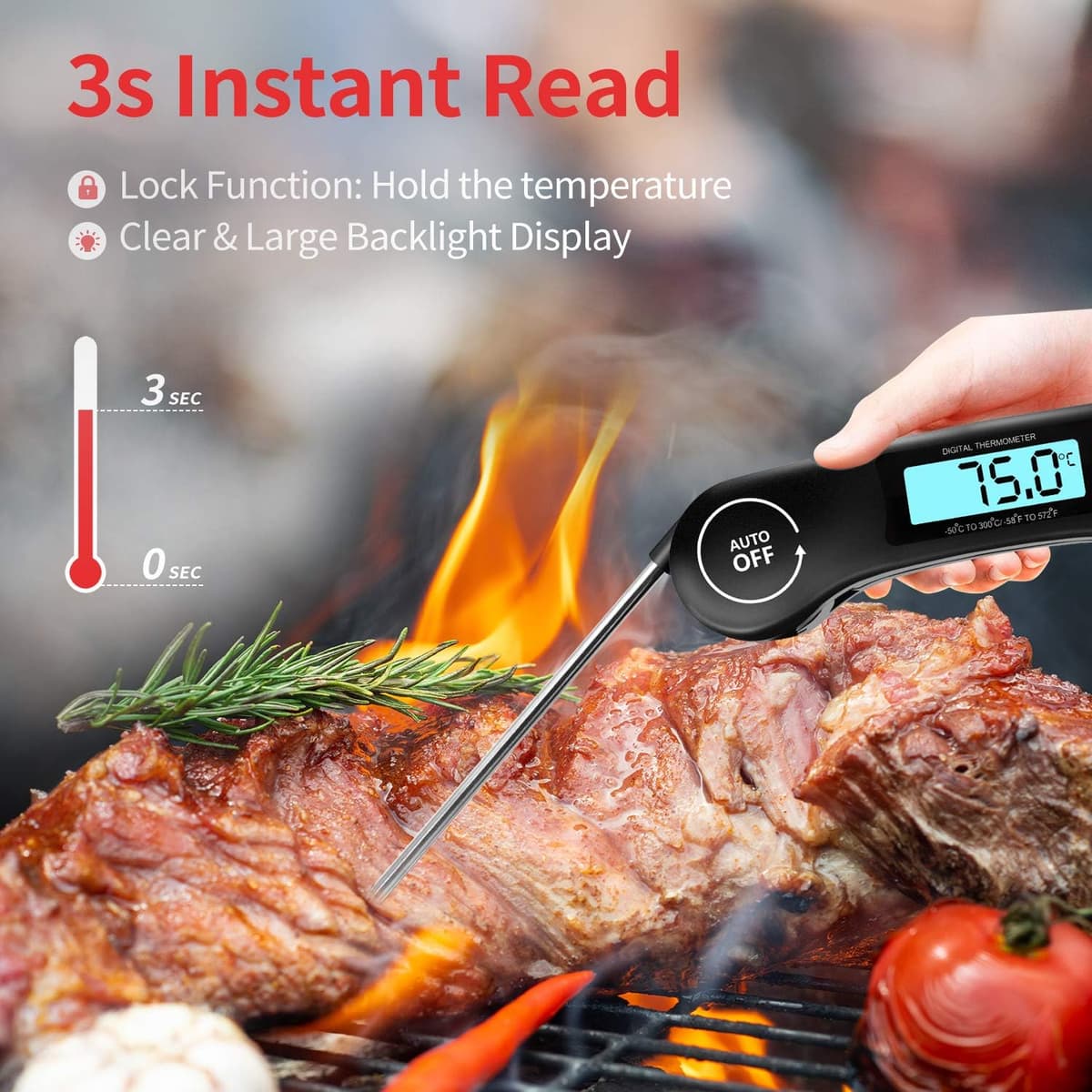 DOQAUS Meat Thermometer, 3s Instant Read Food Thermometer-Backlit LCD, Foldable Probe, Auto On/Off, ±1℃ Accuracy, Food Probe for BBQ Grill, Kitchen Cooking, Milk, Black — view 2