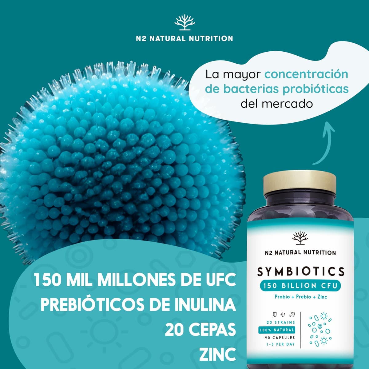 Probioticos 150 mil millones UFC y 20 Cepas. Máxima concentración de Probioticos y Prebioticos intestinales y Zinc. Terapia de choque 76 Días. Colon irritable y gases. Vegano. CE. N2 Natural Nutrition — view 2