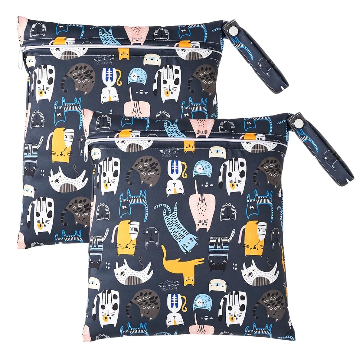 Cosiesnest 2 Packs Cartoon Print Wet Dry Bags | Waterproof Reusable Nappy & Swim Bag | Travel Laundry Bag,Single Zipper Pouch for Swimming, Beach, Nursery & Travel (12x11 inch) (A-cat)