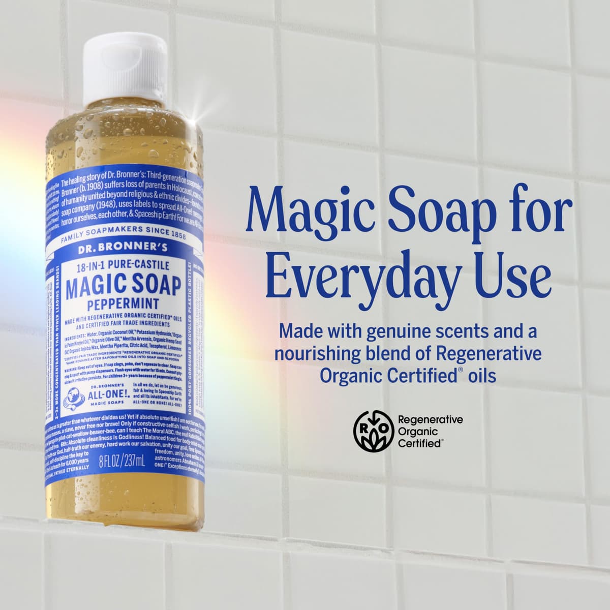 Dr Bronner's 18-in-1 Peppermint Pure-Castile Liquid Soap, Made with Organic Oils, Used for Face, Body, Hair, Laundry, Pets and Dishes, Certified Fair Trade & Vegan Friendly, 473ml Recycled Bottle — view 2