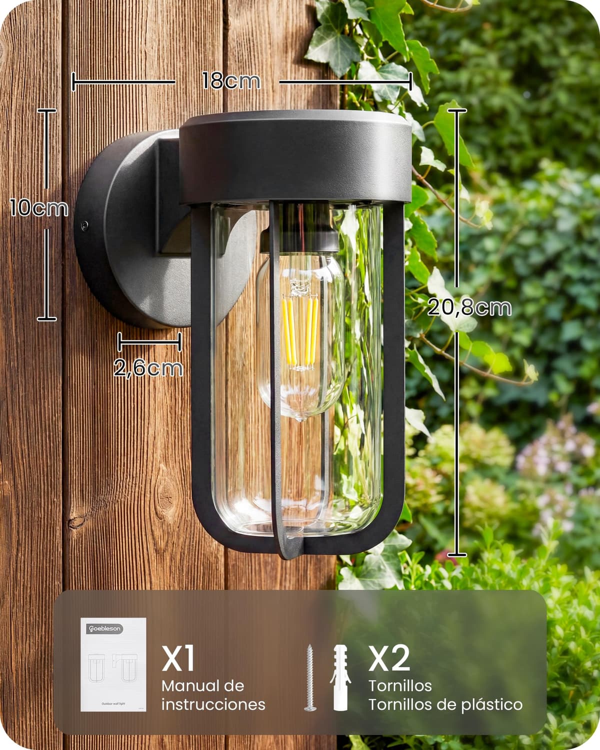 Aplique de Pared para Exterior con Carcasa Metálica y Pantalla de Cristal Transparente, Base E27 (Bombilla no incluida), Protección IP44, Balcón, Porche, Patio, Jardín, Garaje, Pasillo, Negro — view 5