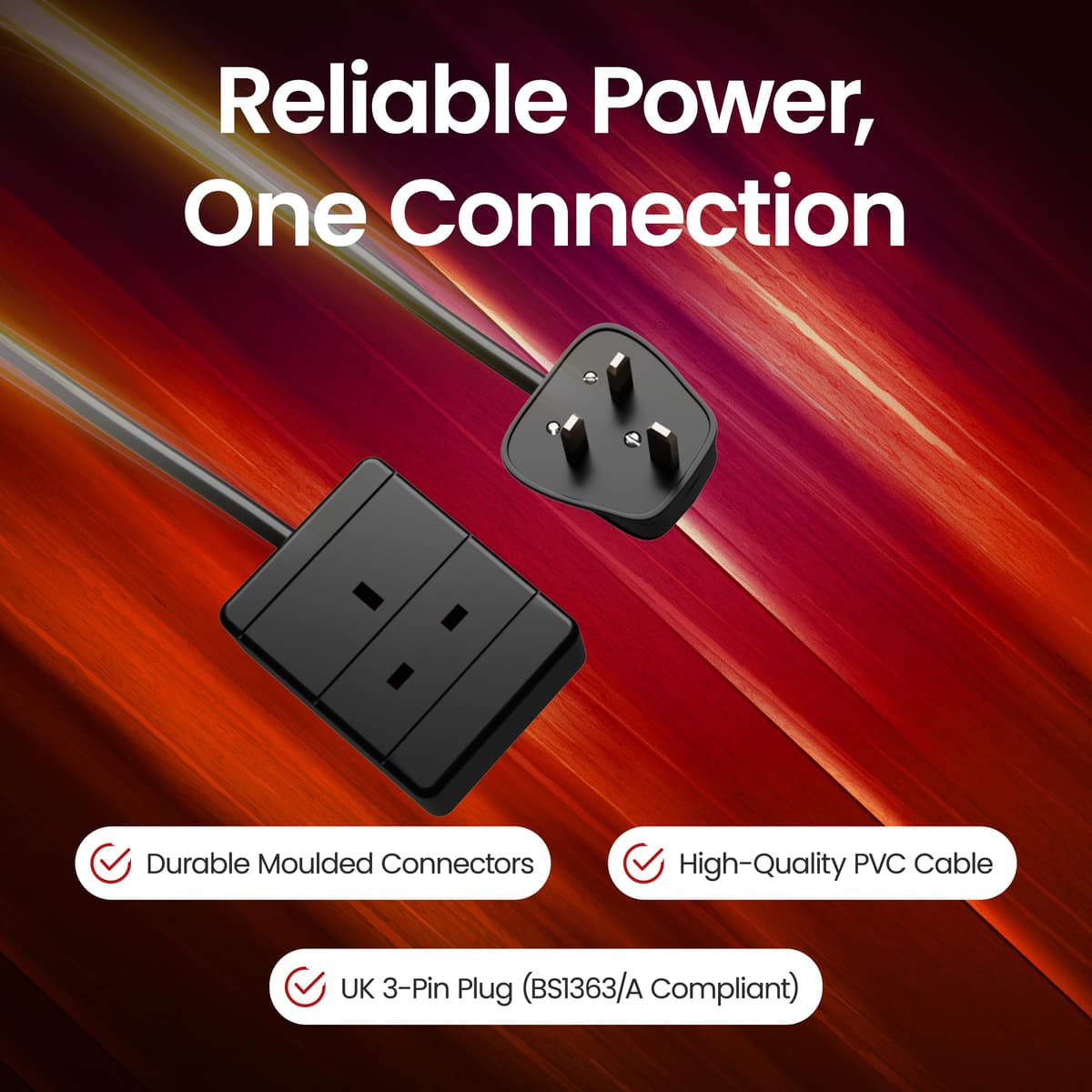 rhinocables Extension Wire UK | 13A One-Way Socket Lead for Home, Office & Workshop Setups | Safe BS1363/A 230V Cable with Robust Build, White (1m) — view 2