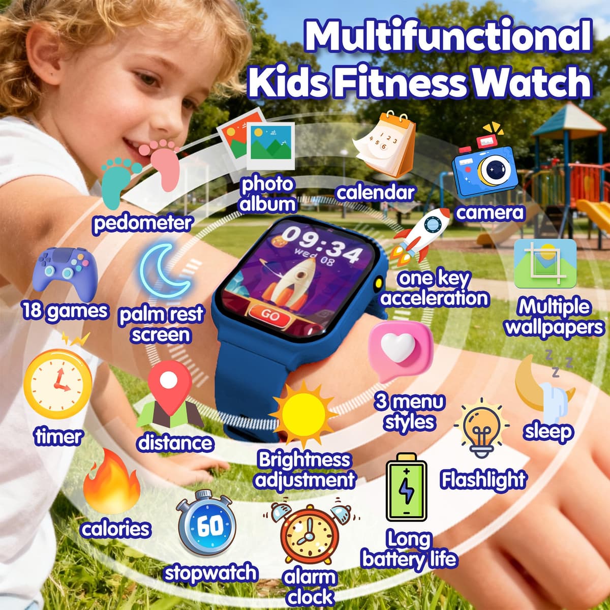 Kids Smart Watch with 18 Educational Games, Sleep Tracker & Camera - 1.83 Inch Touch Screen Fitness Tracker with Pedometer, Alarm, Flashlight for Boys and Girls — view 2