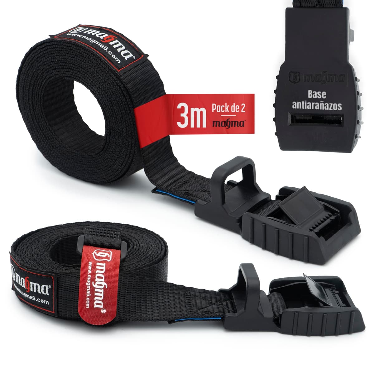 MAGMA Pack 2 Cinchas de Amarre de 3m | Correas para Baca Coche y Portabicicletas. Surf, Bici, Kayak, Moto | Hebilla -Trinquete con Protección de Goma para no rayar | Carga Segura - SWL: 250kgf Rojo — view 10