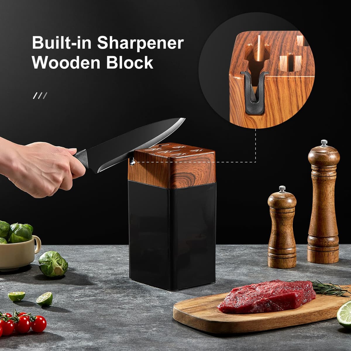 Yabano 7 Pieces Kitchen Knife Block Set with Ergonomic Handle and High Carbon Stainless Steel, Kitchen Knife Block Set with Built-in Sharpener, Black — view 5