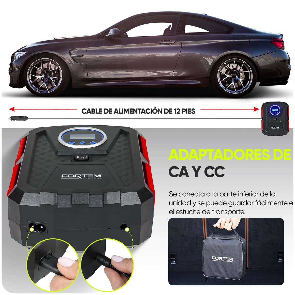 FORTEM Inflador de Ruedas de Coche, Compresor de Aire - Manómetro Digital, Autobombeo, Parada Automática - Bolsa de Transporte — view 3