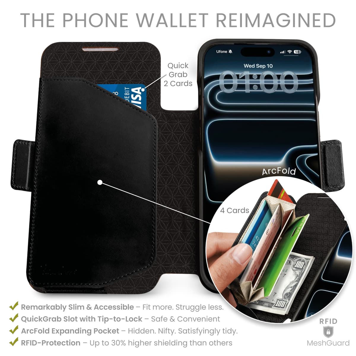 dreem Real Leather for iPhone 17 Pro Case Wallet, Revolutionary Phone Stand, MagSafe-Fit, Magnetic Detachable Flip Cover, RFID Blocking Card Holder, Gift-Box [Fibonacci:Black] — view 2