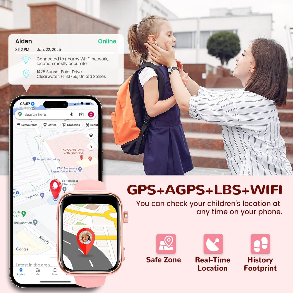 4G Children's Smartwatch, Smartwatch Children with GPS and Calls, Video Calls, Voice Chat, SMS, WhatsApp, SIM, SOS, School Mode, WiFi, Locator, Pedometer IP68 Watch Boy and Girls Pink Gift — view 2
