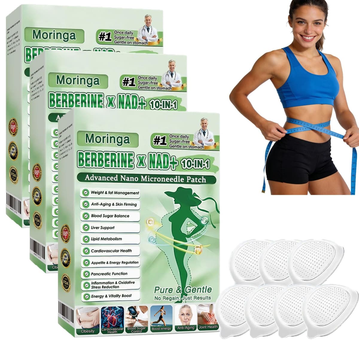 Moringa 10 in 1 Slimming Patches, Moringa Advanced Microneedle Patch 10 in 1, Berberine for Slimming, Professional Metabalance Patch for Men and Women (3pcs)