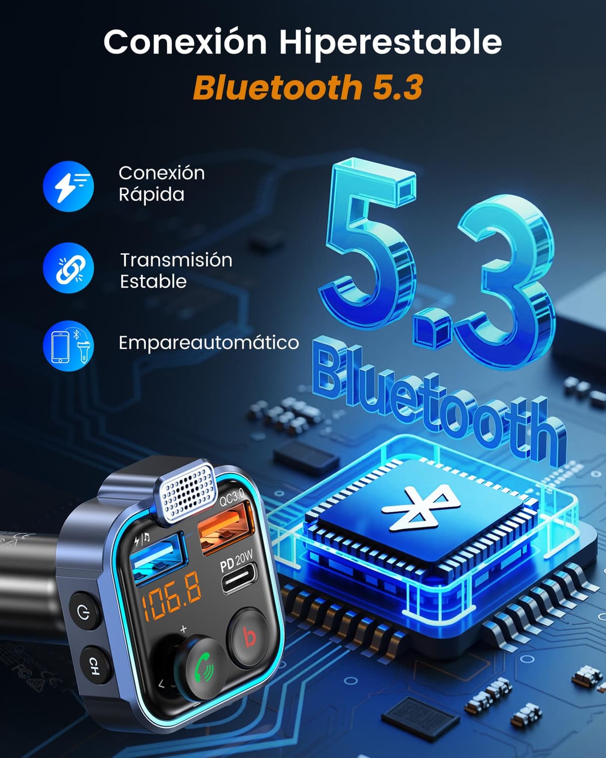 LENCENT Transmisor FM Bluetooth 5.3,Manos Libres Reproductor Música Coche, Deep Bass Sonido Hi-Fi, Adaptador Radio Bluetooth 2 USB+Tipo C 20W Carga Rápida, Soporte Memoria USB — view 4