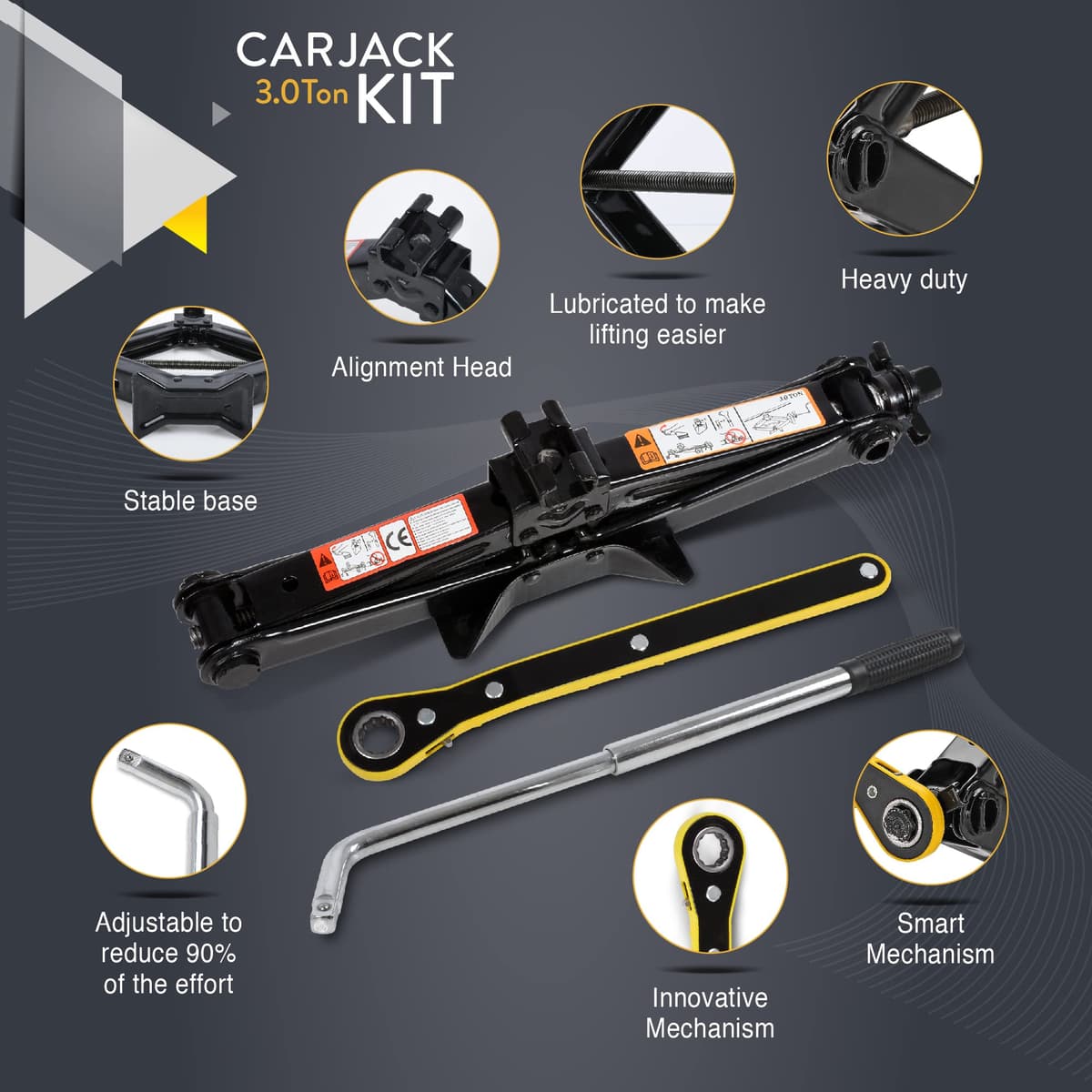 Car Jack Kit | Scissor Jack for Car 3 Ton (6,600 lbs) - Tire Jack Tool Kit | Portable, Ideal for SUV and Auto - Universal Emergency Kit with Lug Wrench | Heavy Duty Material — view 3