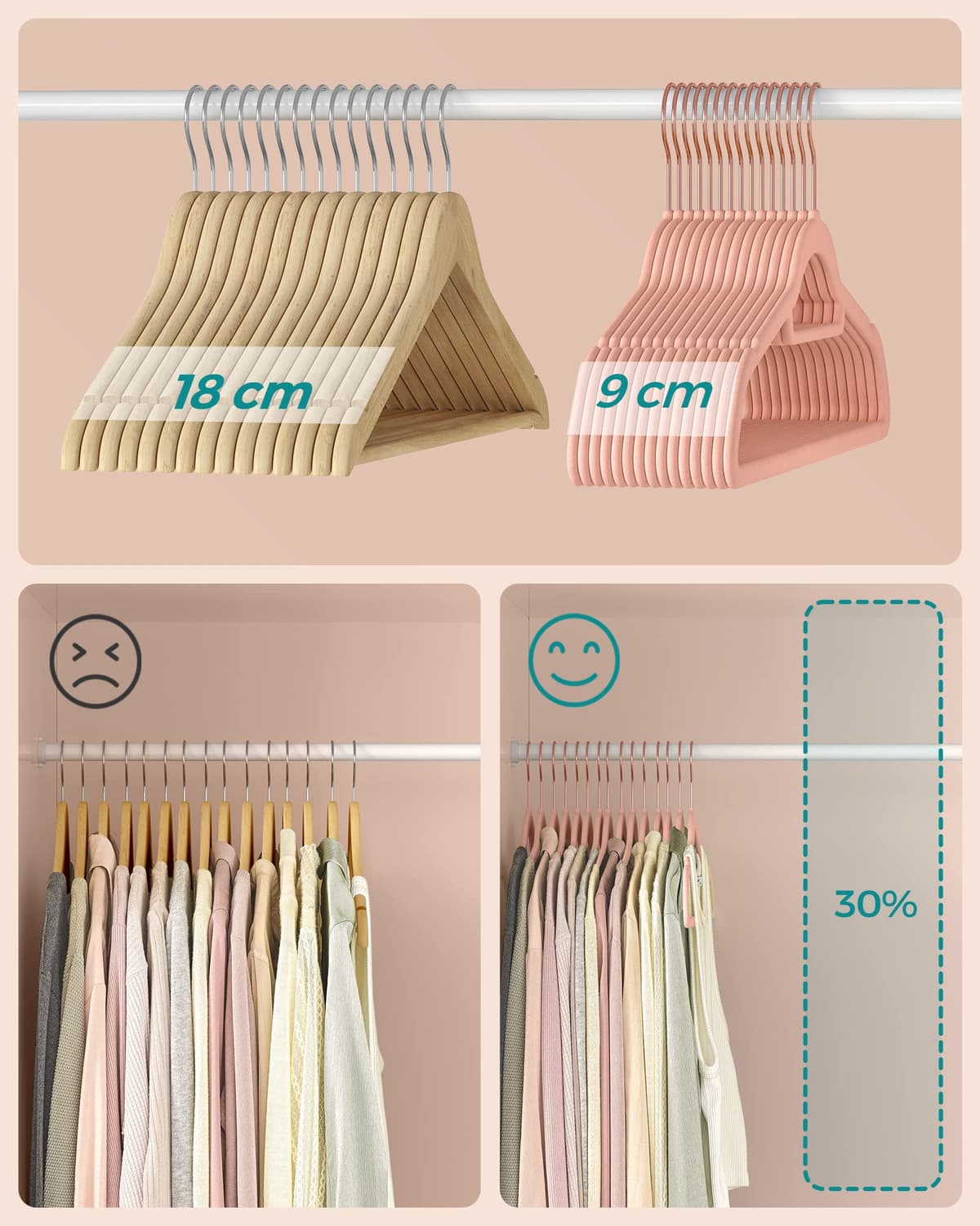 SONGMICS Percha de Terciopelo, Juego de 50, Antideslizantes, con Barra Corbata y Gancho Oro Rosa, 0,6 cm Espesor, Ahorra Espacio, 43,5 cm Largo, Abrigo Pantalón, Rosa Coral CRF21PK50 — view 5