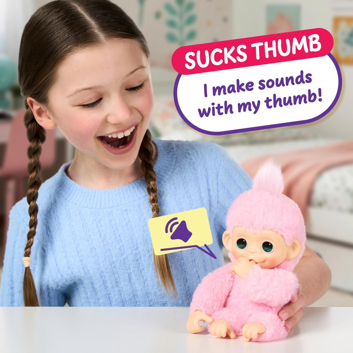 Little Live Pets Baby Monkey Minis – Luna Lemon. Interactive Pet Toy. 20+ Sounds & Reactions. Soft Pink Fur. 7.4" Tall. Feed, Nurture. React. Grippy Hands & Feet. Collect All 3 — view 5