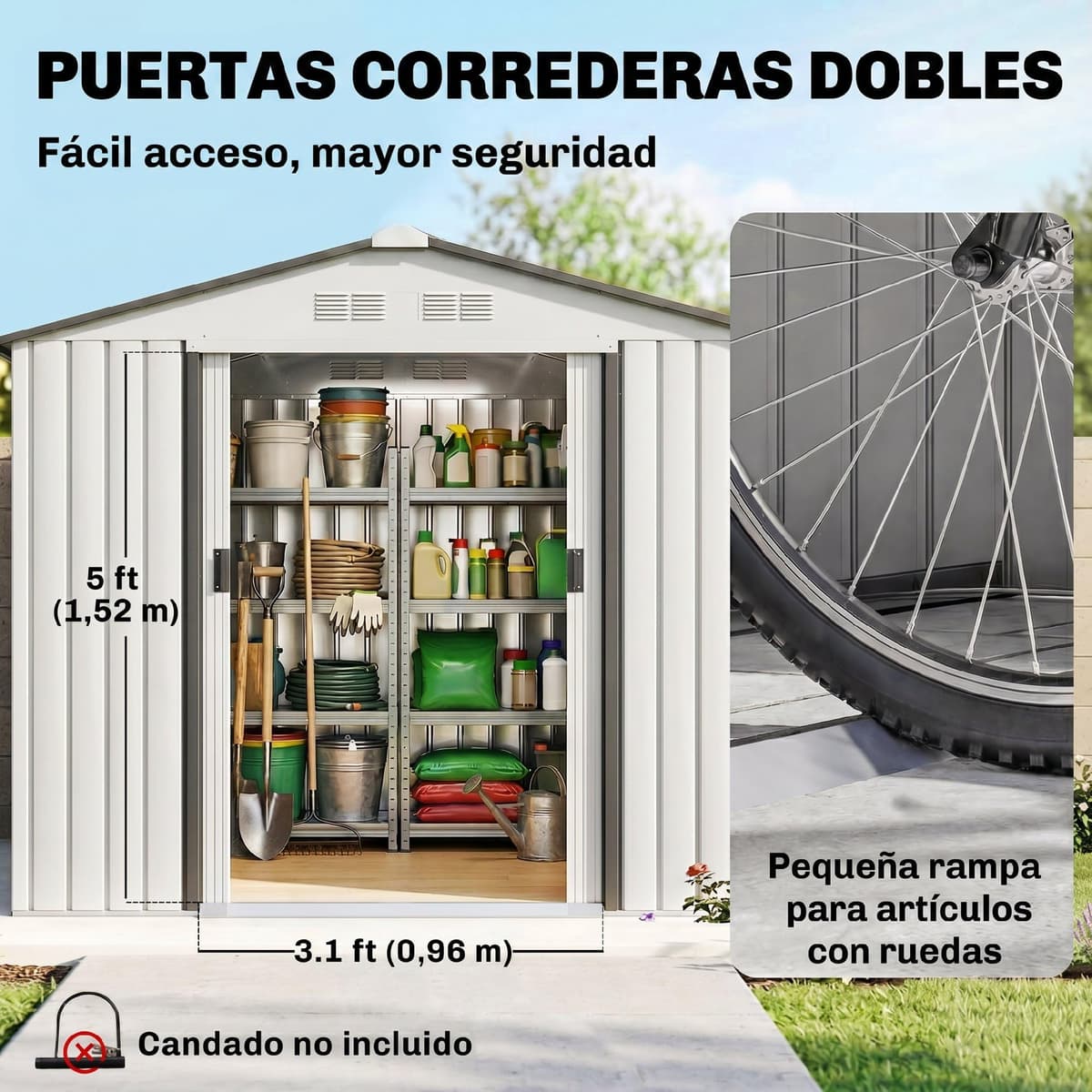 Outsunny Caseta de Jardín Exterior, 2,5 m² 213x130x185 cm, Cobertizo de Jardín Exterior Metálico con 2 Puertas Correderas, Base Refuerzo (Suelo NO Incluido) y 4 Ventanas, Blanco — view 4