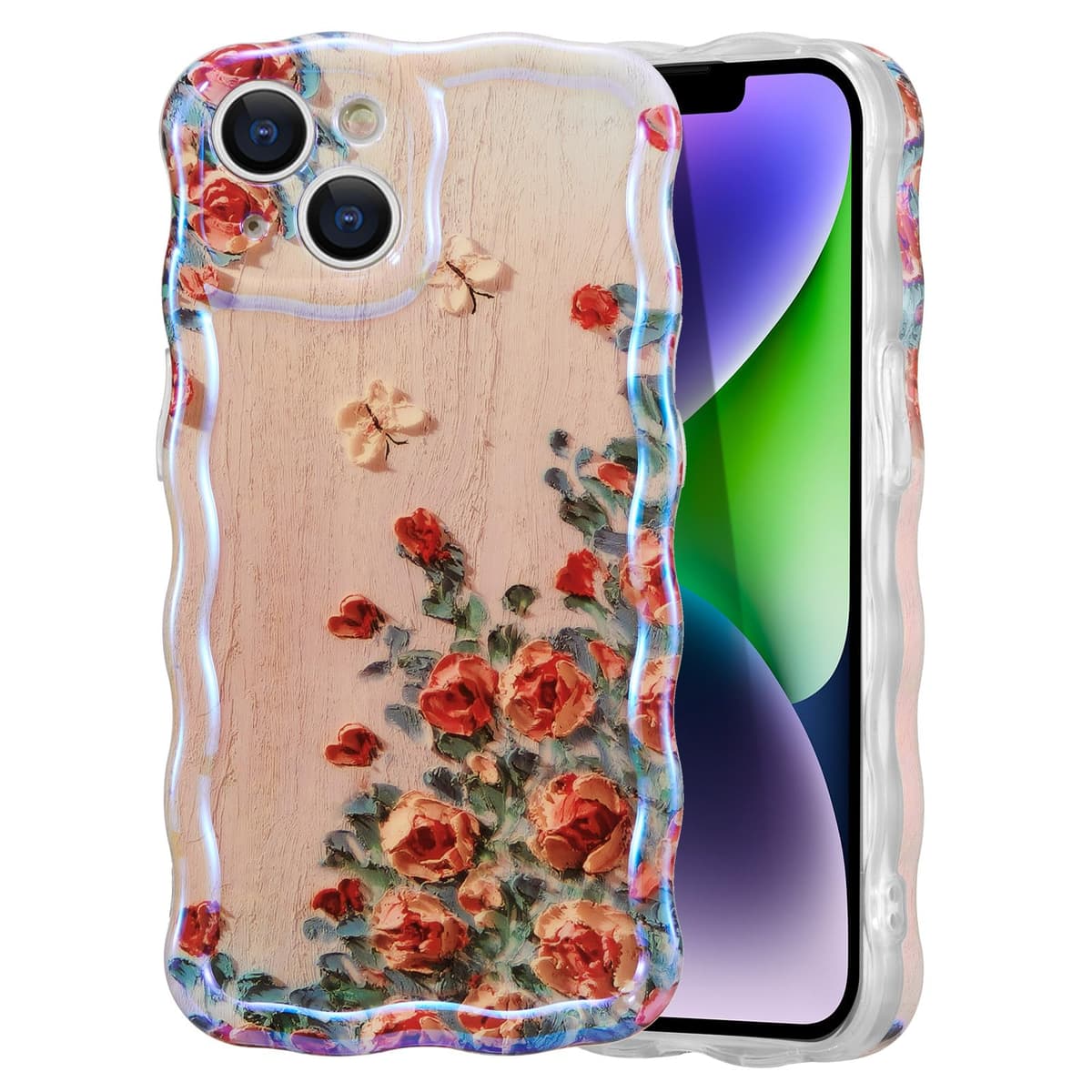 EYZUTAK Case for iPhone 16, Colorful Retro Oil Painting Printed Flower Laser Glossy Pattern Cute Curly Wave Edge Exquisite Phone Cover Stylish Durable TPU Protective Case for Girl Women-Green — view 33