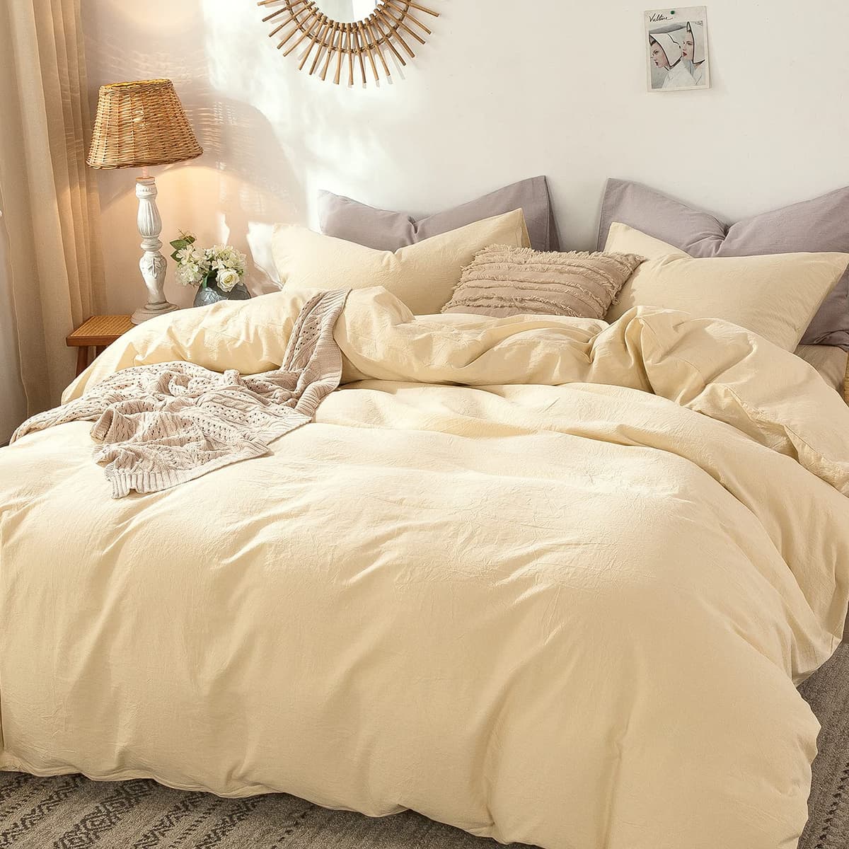 MooMee Bedding Duvet Cover Set 100% Washed Cotton Linen Like Textured Breathable Durable Soft Comfy (Tannish Linen Grey, King) — view 122