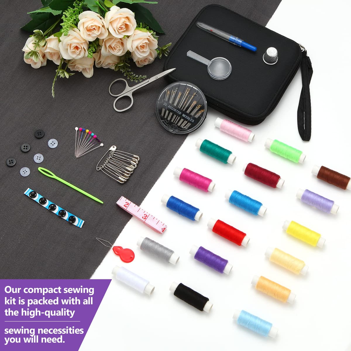 AUERVO Sewing Kit, Mini Sewing Kits 87PCS Thread and Needles Set for Adults, DIY,Home, Travel & Emergency with Compact Small Black Zipper Case — view 4