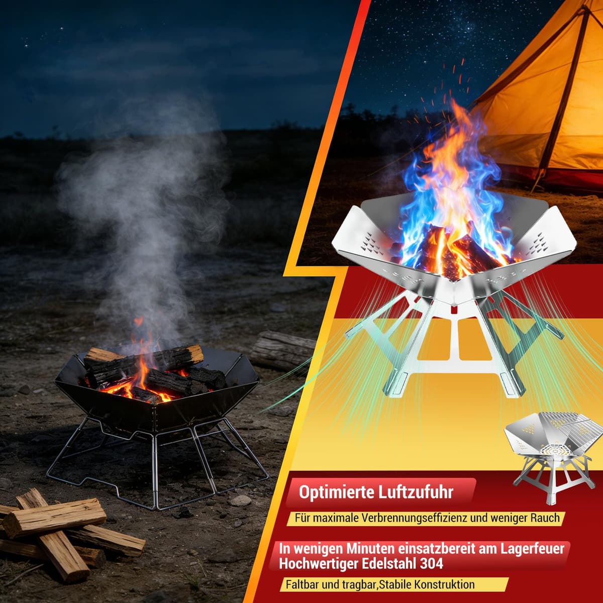 Portable Fire Pit for Garden BBQ Camping Essentials Equipment,Collapsible 304 Stainless Steel Bbq Camping Stove Grill Firepits for Outdoors Picnic Terrace Camping Campfire Bonfire BBQ Barbecue PatioXL — view 5