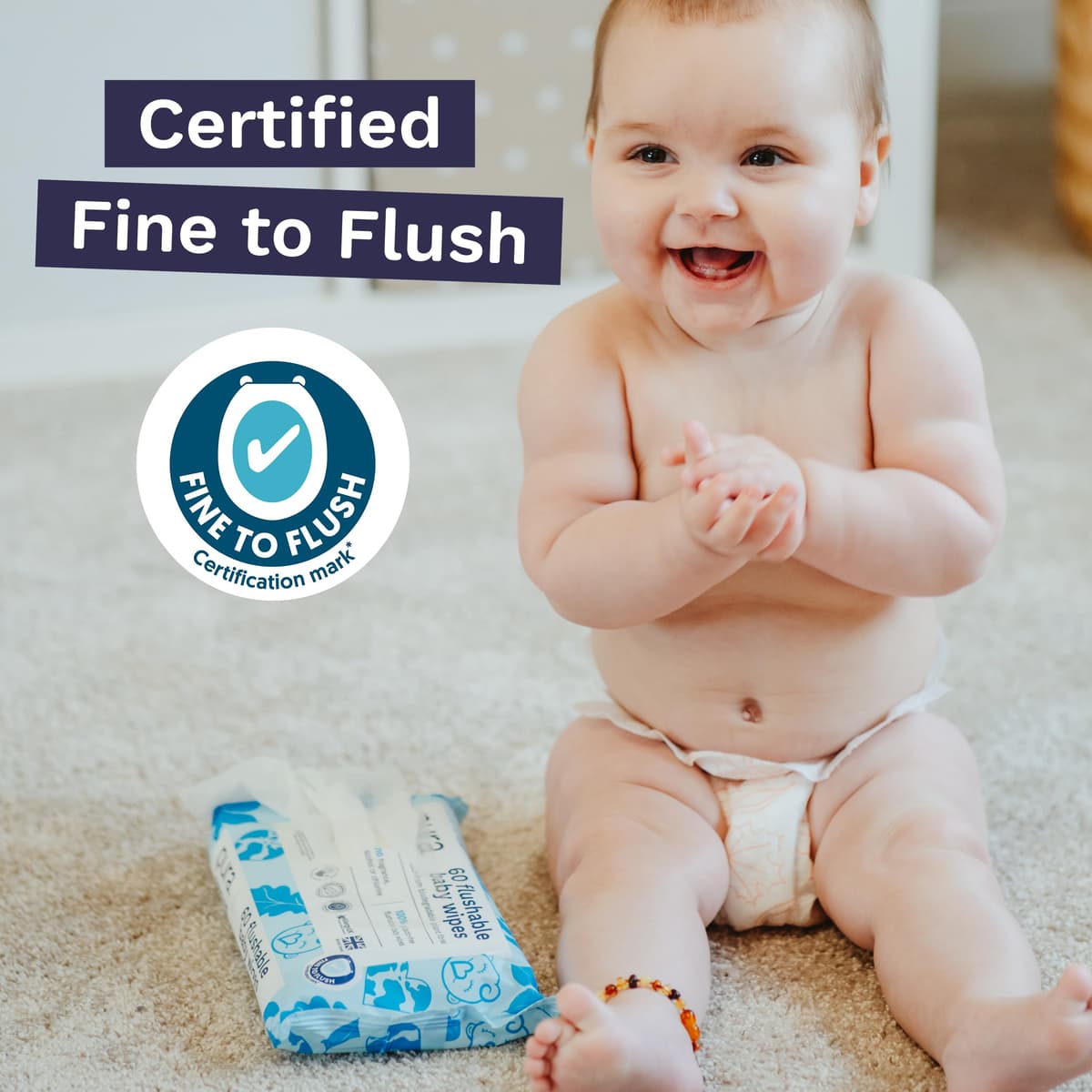 Pura Eco Flushable Baby Wipes - 1 Pack (60 Wipes) 100% Plastic Free, 99% Water, Suitable for Sensitive, Eczema Prone Skin, Newborn Baby & Toddlers, Biodegradable, Vegan, Potty Training — view 3