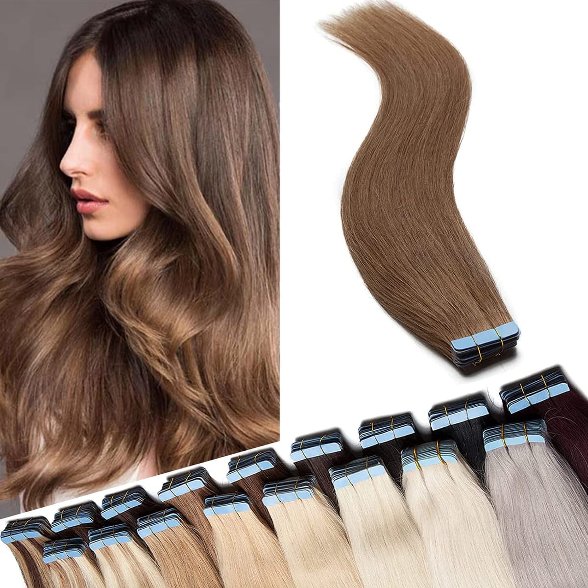 12"(30cm) SEGO 10PCS Extensiones Adhesivas Naturales Pelo Humano sin Clip [#4/27 Castaño Chocolate/Rubio Oscuro] Cabello 100% Remy Liso Balayage Tape in Human Hair (20g) — view 18