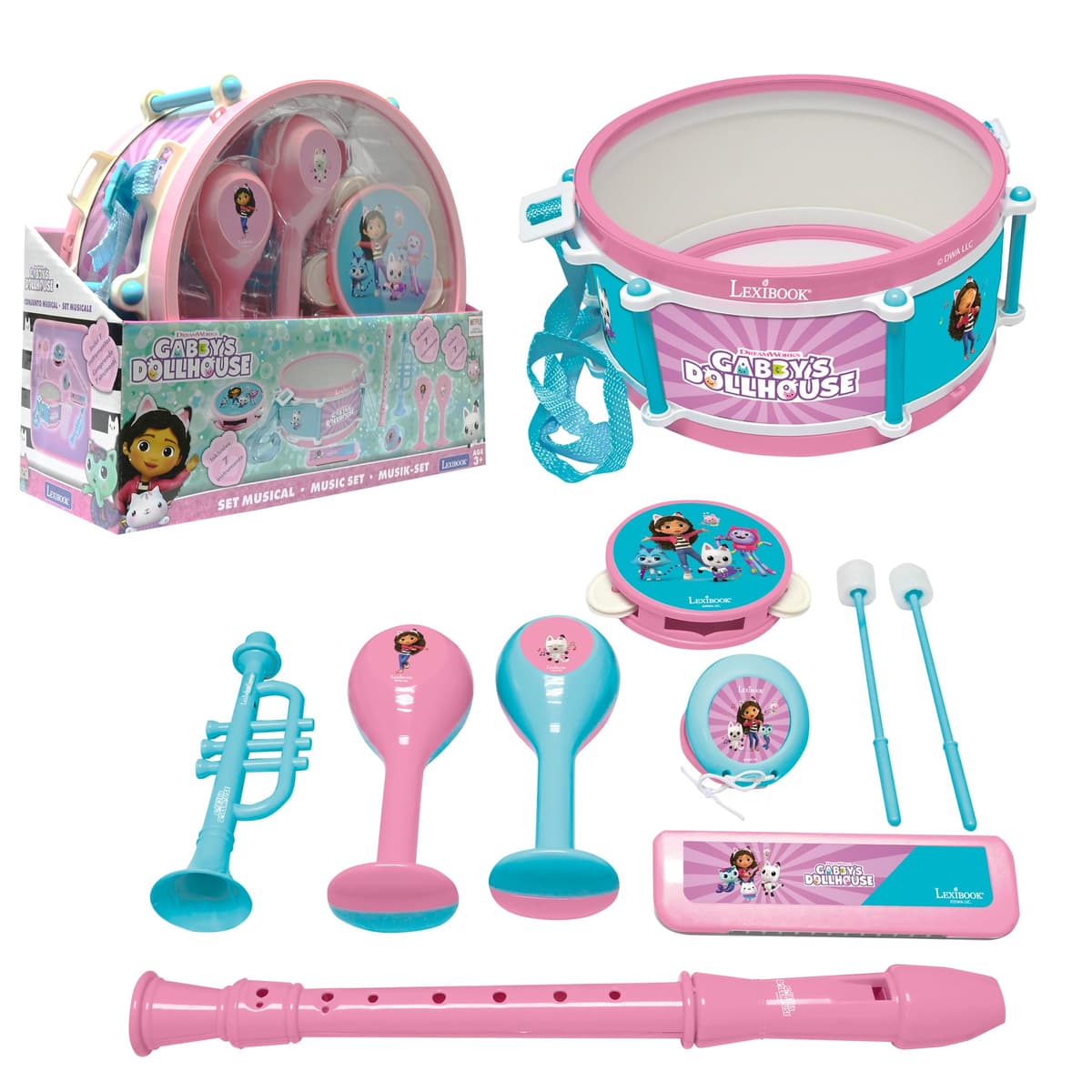 Lexibook, La Casa de Muñecas de Gabby, Set de 7 Instrumentos Musicales (Tambor, Maracas, Castañuela, Armónica, Flauta, Trompeta, Pandereta), Juguete Musical, Práctico para Llevar, Rosa/Azul, K360GDH