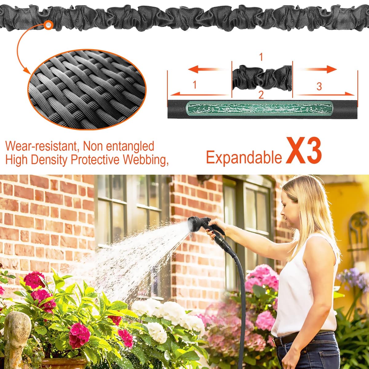 Expandable Garden Hose 50ft Hose Pipe Expandable with 3/4", 1/2" Fittings, Anti-Leakage - Flexible Expanding Hose with 10 Function Spray Gun — view 4