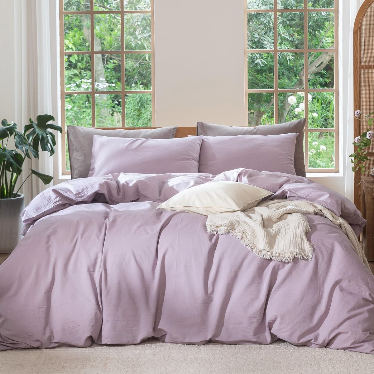MooMee Bedding Duvet Cover Set 100% Washed Cotton Linen Like Textured Breathable Durable Soft Comfy (Tannish Linen Grey, King) — view 224