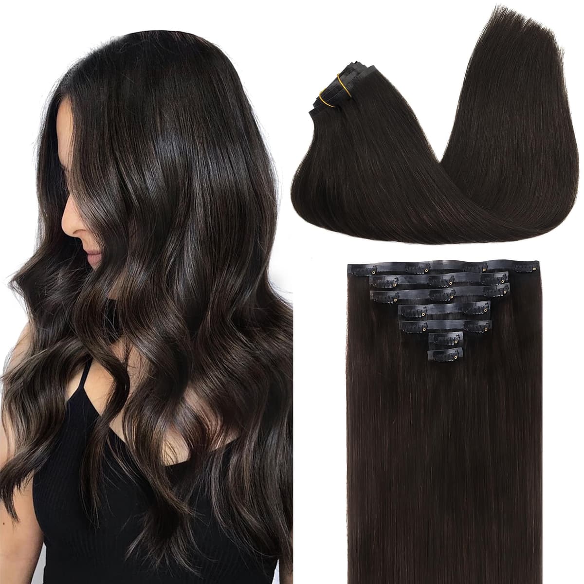 GOO GOO Clip in Hair Extensions Human Hair, 18inch 150g 9Pcs, #2 Dark Brown, Hair extensions for women, Human Hair Extensions Clip in — view 77