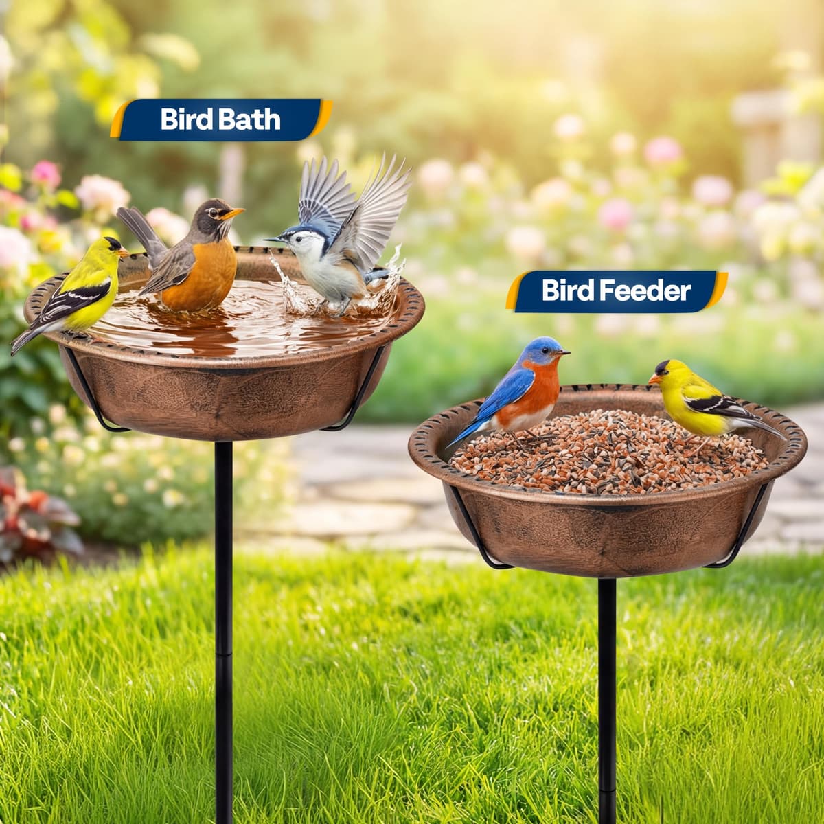 VIVOHOME Bird Bath for Garden, Metal Vintage Freestanding Birdbaths, Upgraded 4-Pronged Base, Bird Baths Feeder Bowl for Outdoor Garden Patio Yard Lawn Decor Retro Bronze — view 5