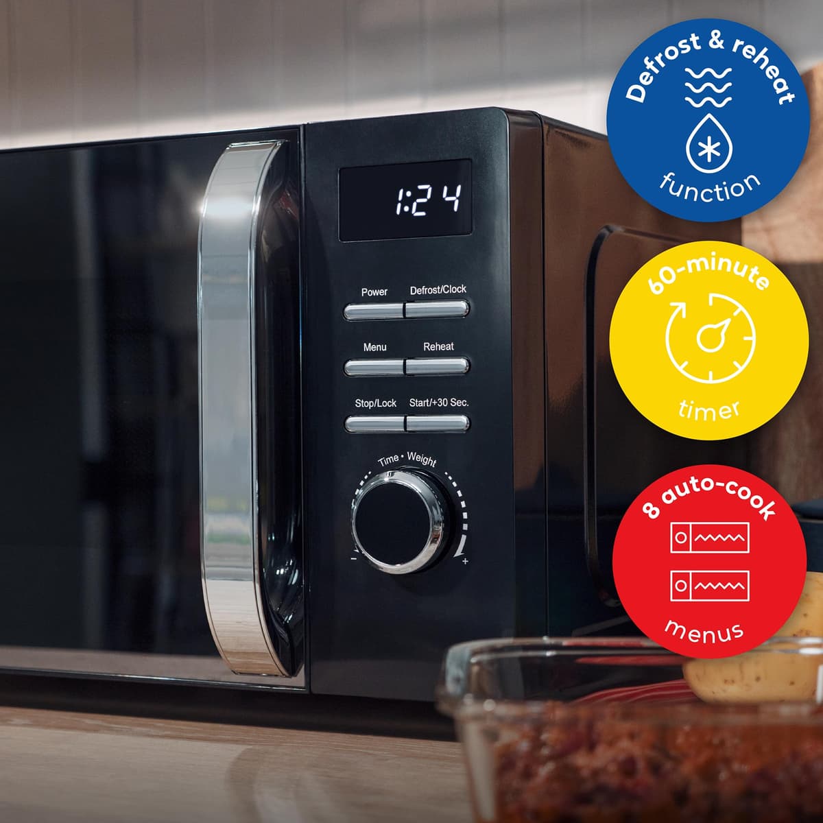 Russell Hobbs Digital Microwave 20L 800W in Black with 5 Power Levels, Pull Handle Door & Button Control, Clock & Timer, Automatic Defrost, Easy Clean, 8 Auto Cook Menus RHMD818B — view 5