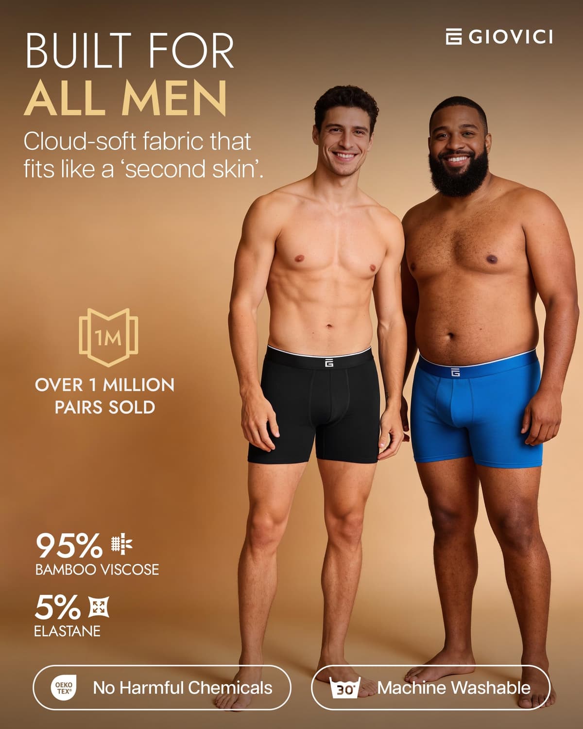Giovici Mens Boxers Bamboo Anti Chafing Soft Comfortable Boxer Briefs Longer Leg - Boxer Shorts Multipack - Moisture Wicking Technology — view 3